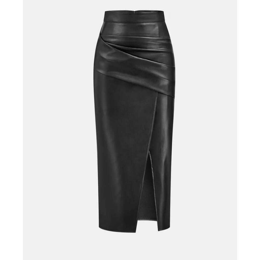 NWT Commense Faux Leather Ruched Slit Midi Bodycon Pencil Skirt - Black - Size L